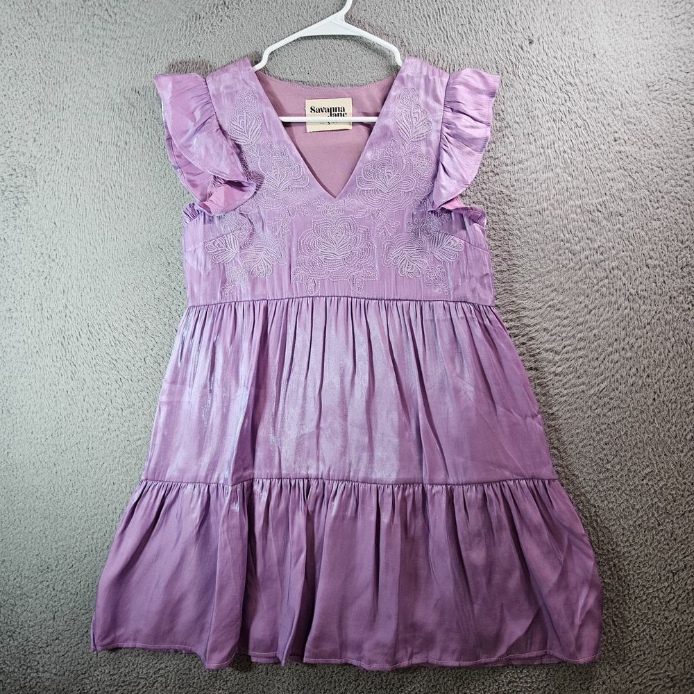 NEW Savanna Jane Dress Small Cap Sleeve Embroidered Lined Shiny Purple